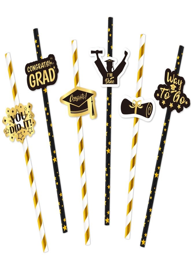 Whaline 60Pcs Graduation Paper Straws Black Gold Graduation Cap Diploma Drinking Straws Gold Foil Star Stripe Disposable Straw for Grad Decor Beverage Cocktail School Party Supplies - Image 1